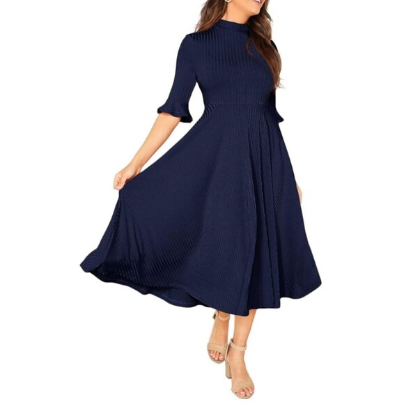 Navy Blue A-Line Midi Dress Mock Neck Ruffle Cuffs Half Sleeve Flowy Hem Polyest - Picture 1 of 7